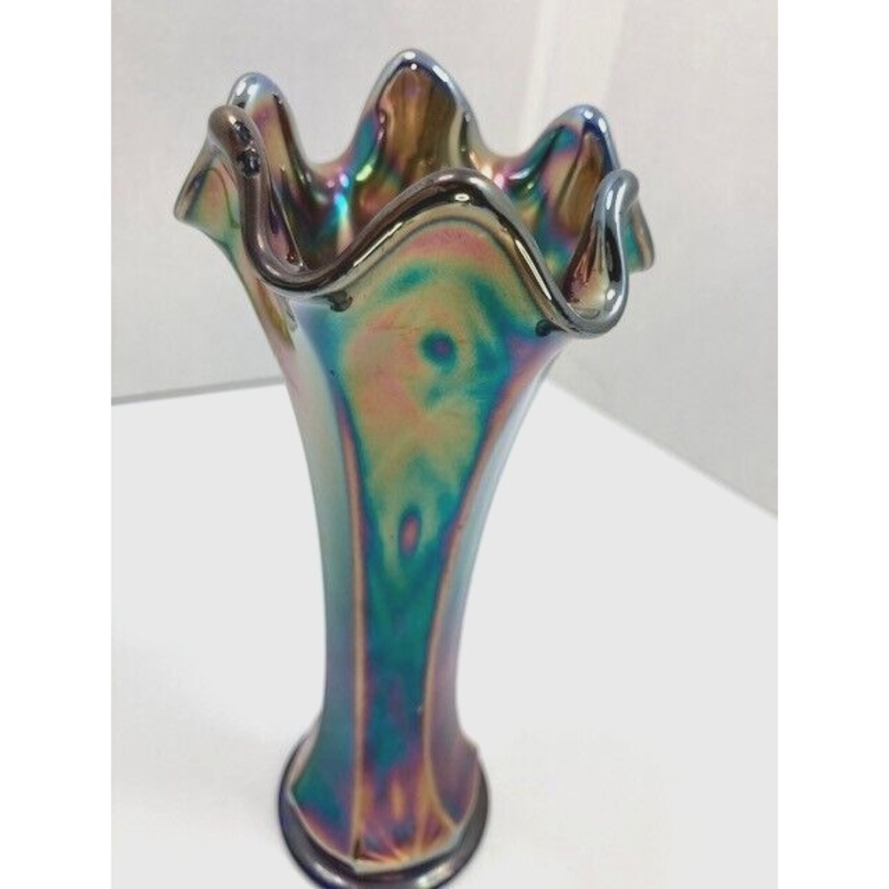 Rare Vintage 8' Fenton Cobalt Blue Carnival Glass Diamond & Bow Swung Vase